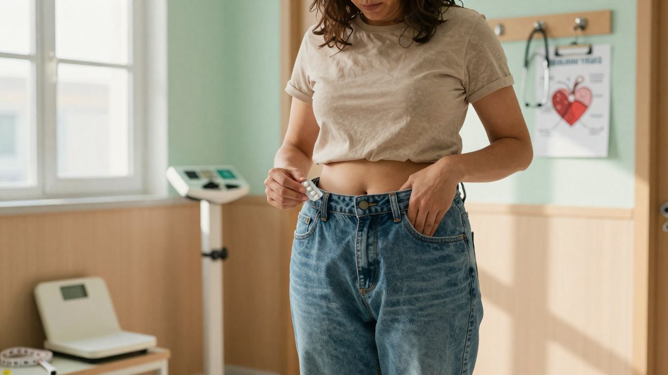 Mulher com camiseta curta medindo cintura com fita métrica em ambiente clínico iluminado.
