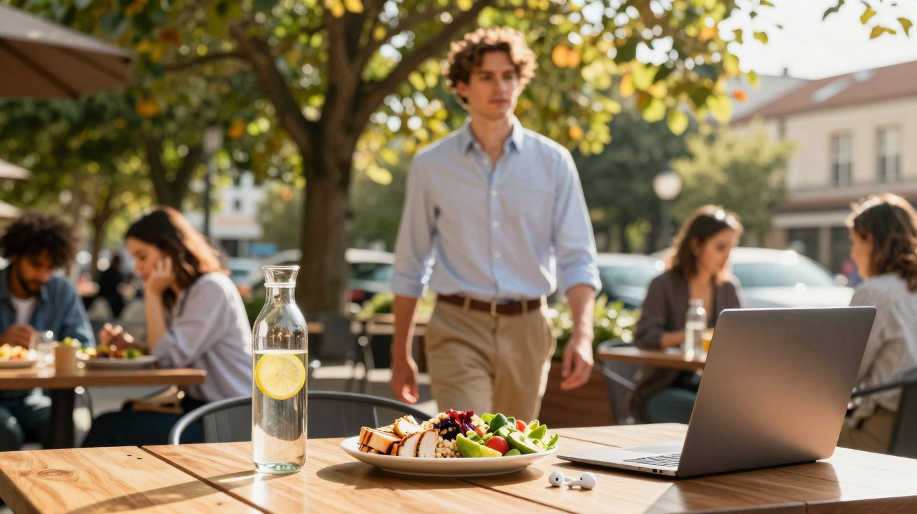 Mesa ao ar livre com prato de comida, garrafa de água com limão, laptop e pessoas ao fundo.