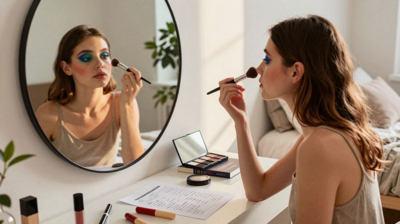 Mulher aplicando maquiagem no rosto sentada em frente a espelho em penteadeira com produtos de beleza.