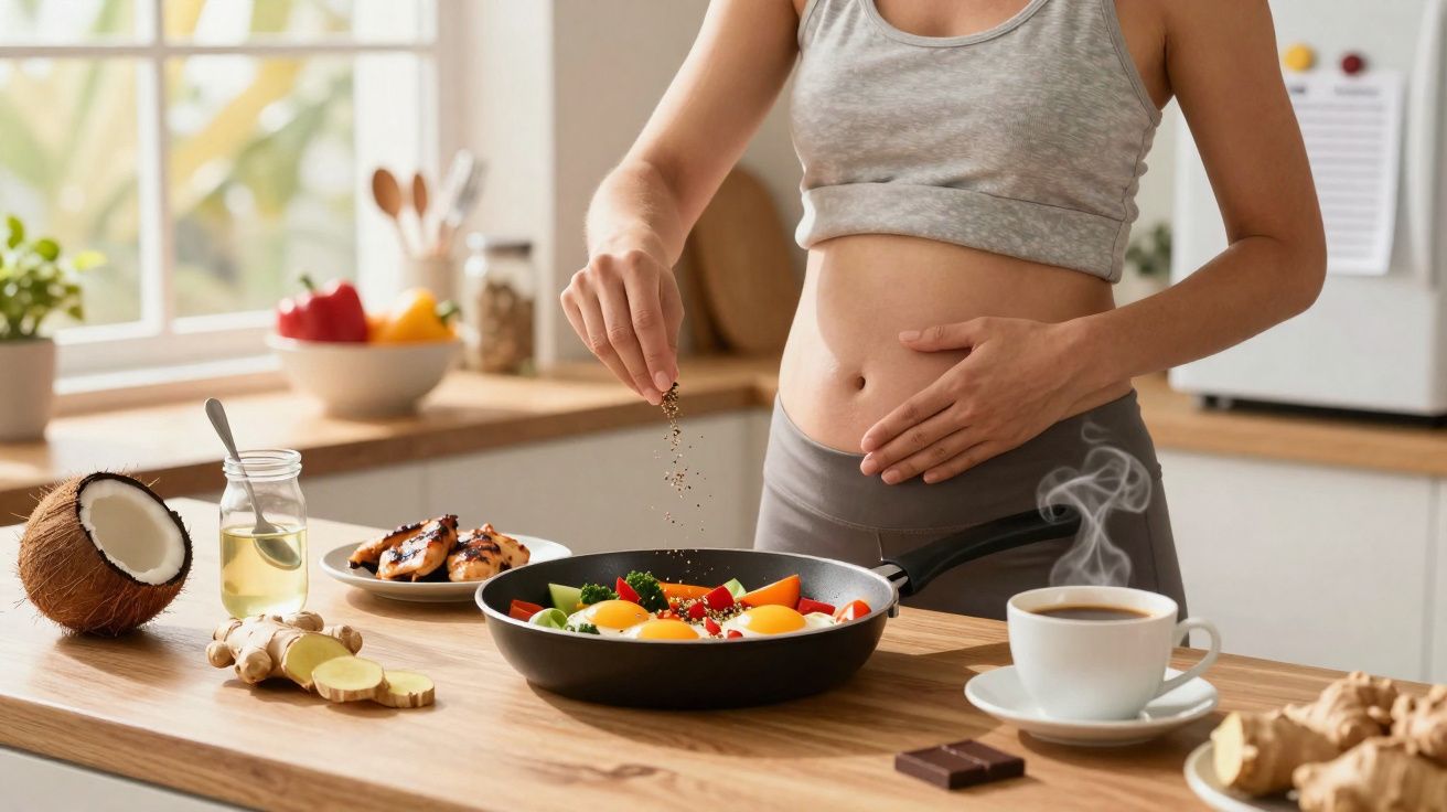 Mulher tempera omelete com legumes em cozinha iluminada, ao lado de café, coco e gengibre.