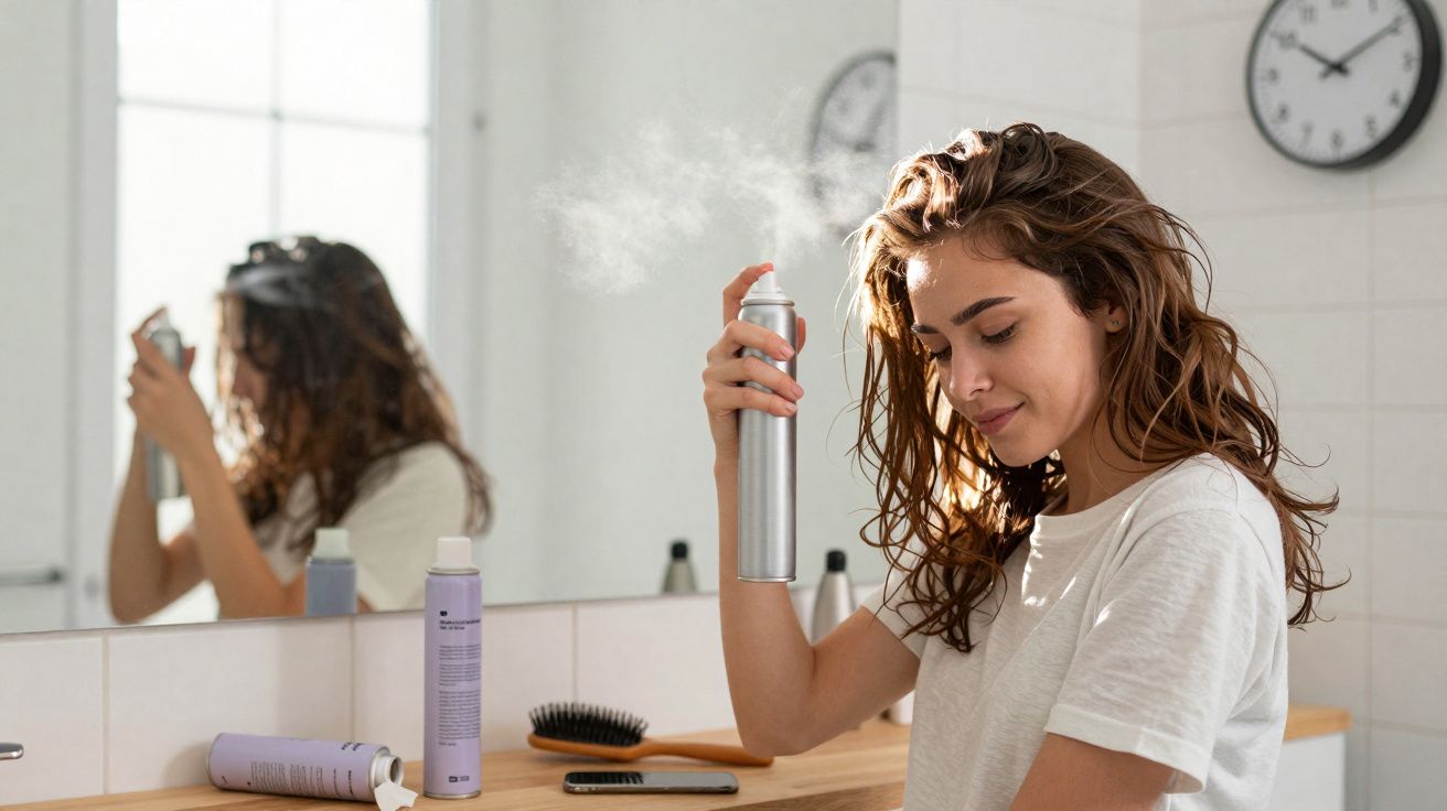 Mulher aplicando spray de cabelo em banheiro com produtos e espelho ao fundo.