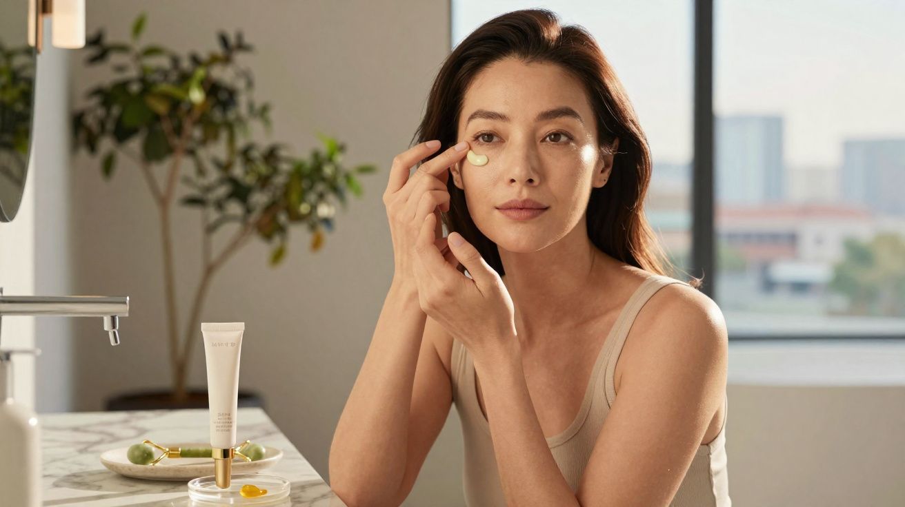 Mulher aplicando creme facial perto de pia em banheiro iluminado com planta ao fundo.