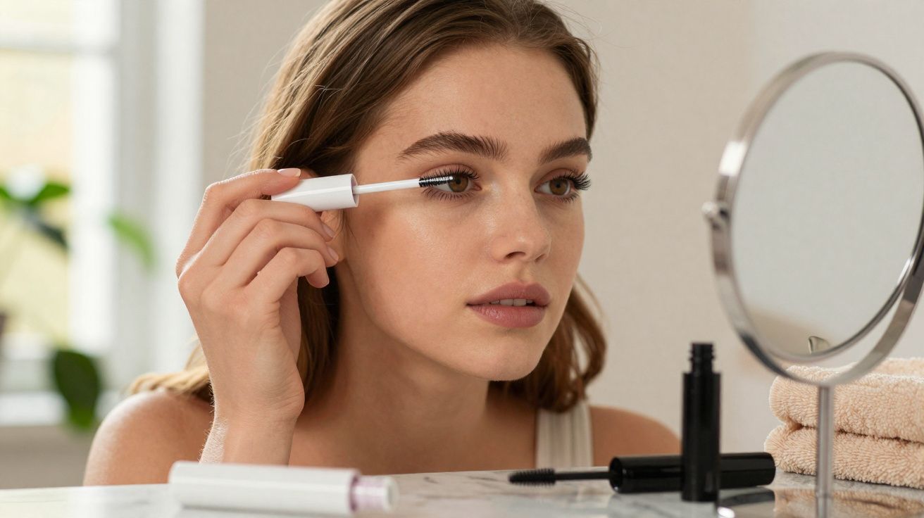 Mulher aplicando máscara de cílios em frente a um espelho redondo sobre bancada branca.