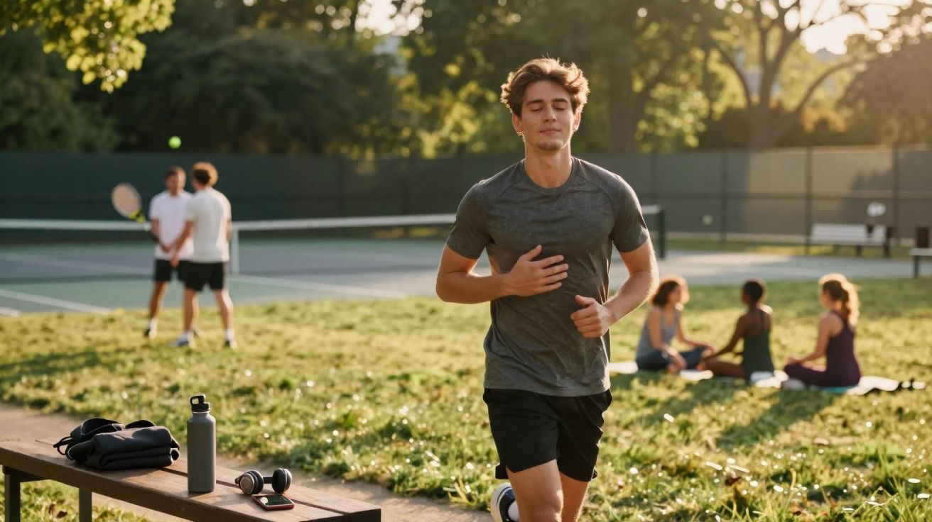 Homem correndo no parque, com pessoas conversando e jogando tênis ao fundo ao entardecer.