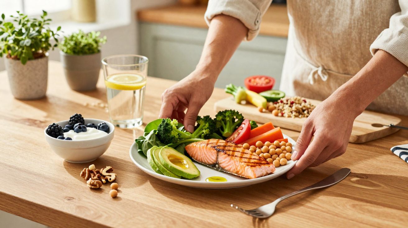 Pessoa segurando prato com salmão grelhado, abacate, brócolis, tomate, cenoura e grão-de-bico na mesa.