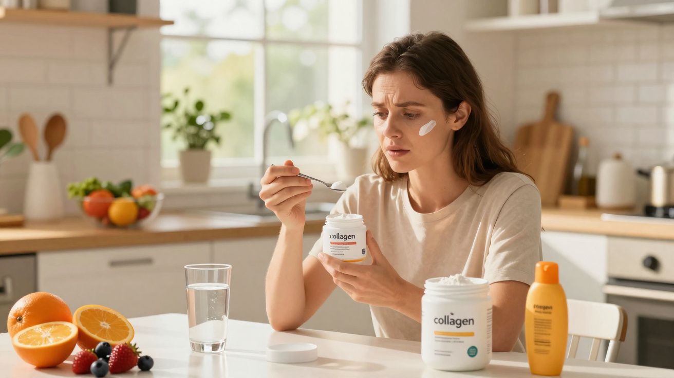 Mulher aplicando creme facial de colágeno na cozinha, com frutas e produtos sobre a mesa.