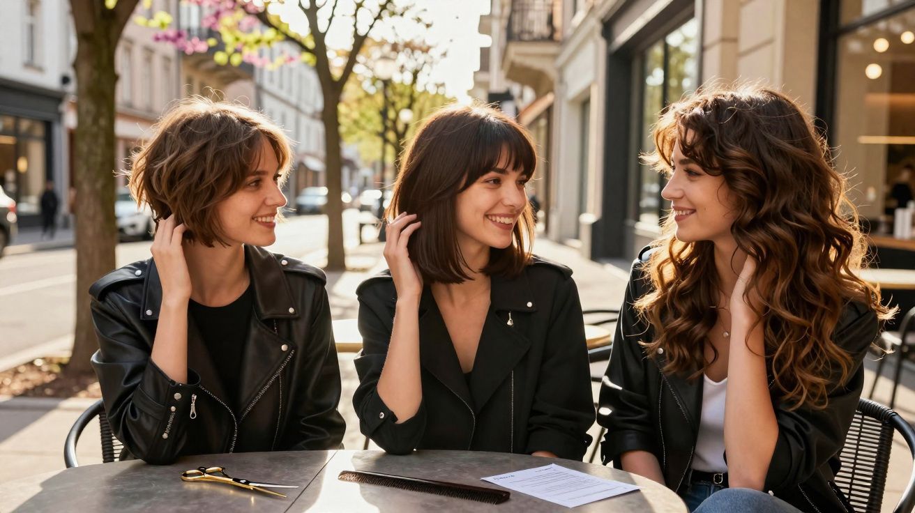 Três mulheres sorrindo e conversando em café ao ar livre em um dia ensolarado, todas vestindo jaquetas pretas.