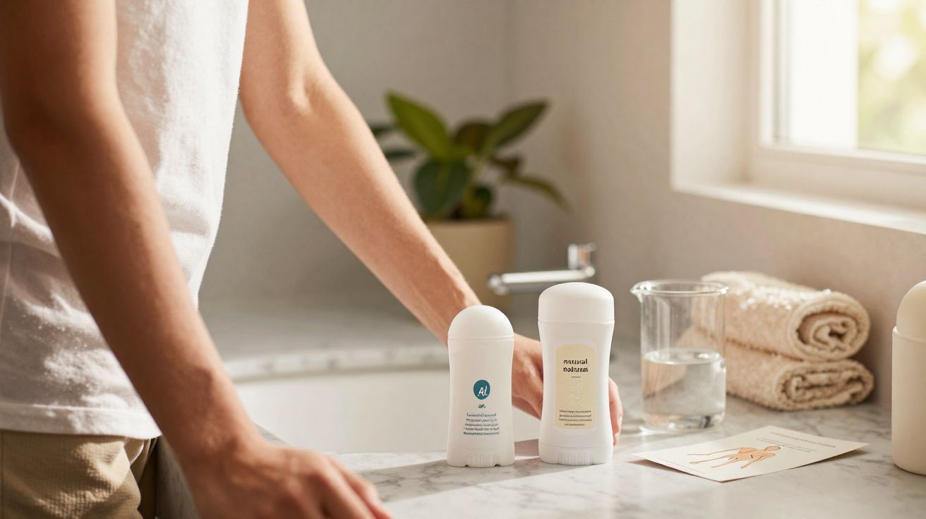 Pessoa segurando desodorantes sobre pia de banheiro com toalhas e copo d'água ao fundo.