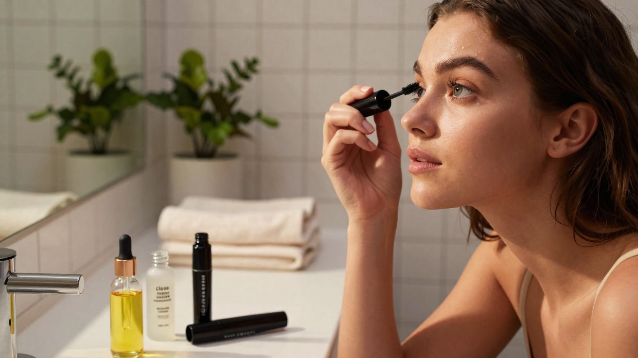 Mulher aplicando rímel em frente ao espelho no banheiro com produtos de beleza na bancada.