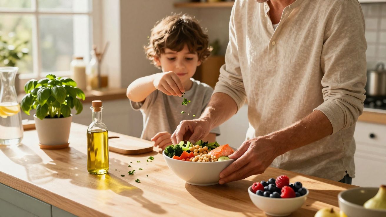 Criança e adulto preparando salada com legumes e grão-de-bico em cozinha iluminada por luz natural.