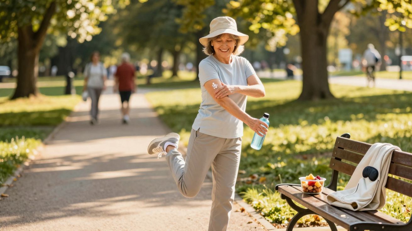 Mulher idosa se exercitando no parque com camiseta clara e chapéu, segurando garrafa de água e sorrindo.