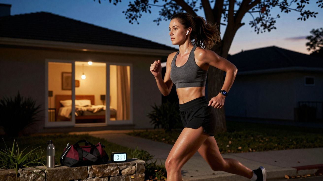 Mulher correndo ao ar livre à noite com roupa esportiva e fones de ouvido próximo a casa iluminada.