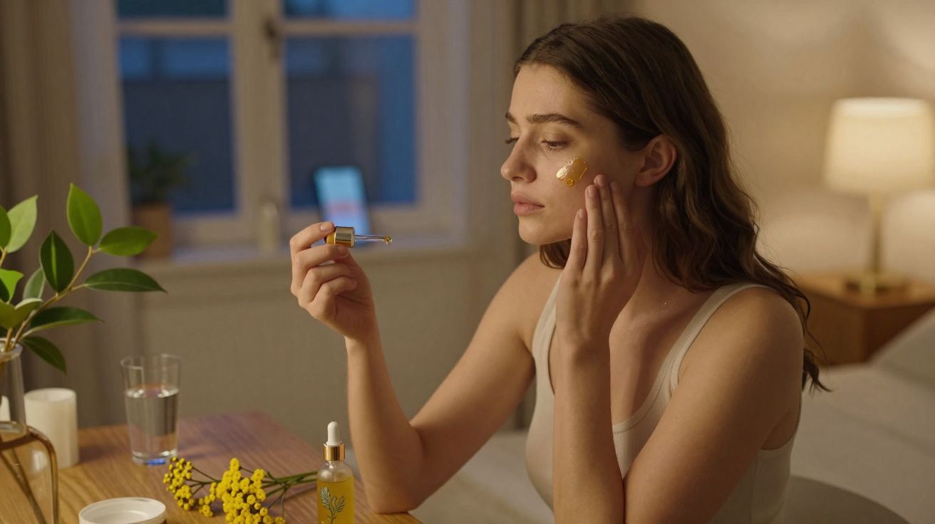 Mulher aplicando óleo facial com conta-gotas, sentada à mesa em ambiente iluminado e aconchegante.