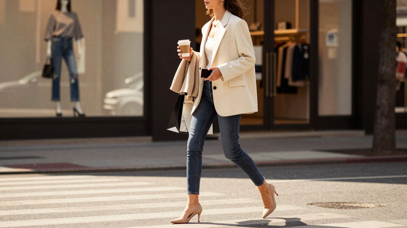 Mulher elegante atravessando rua com café, bolsa e roupas casuais em cenário urbano de loja.