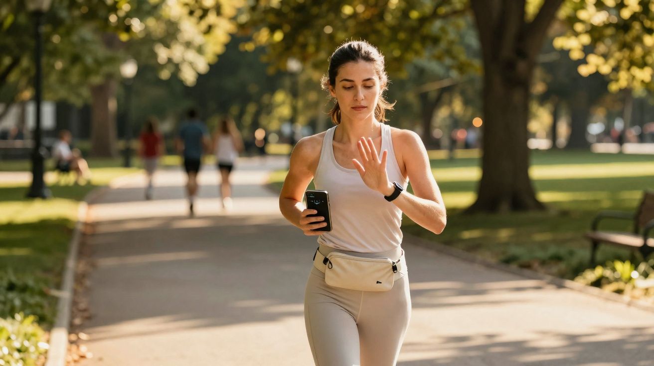 Mulher correndo no parque segurando celular e olhando relógio com pulseira de atividade.
