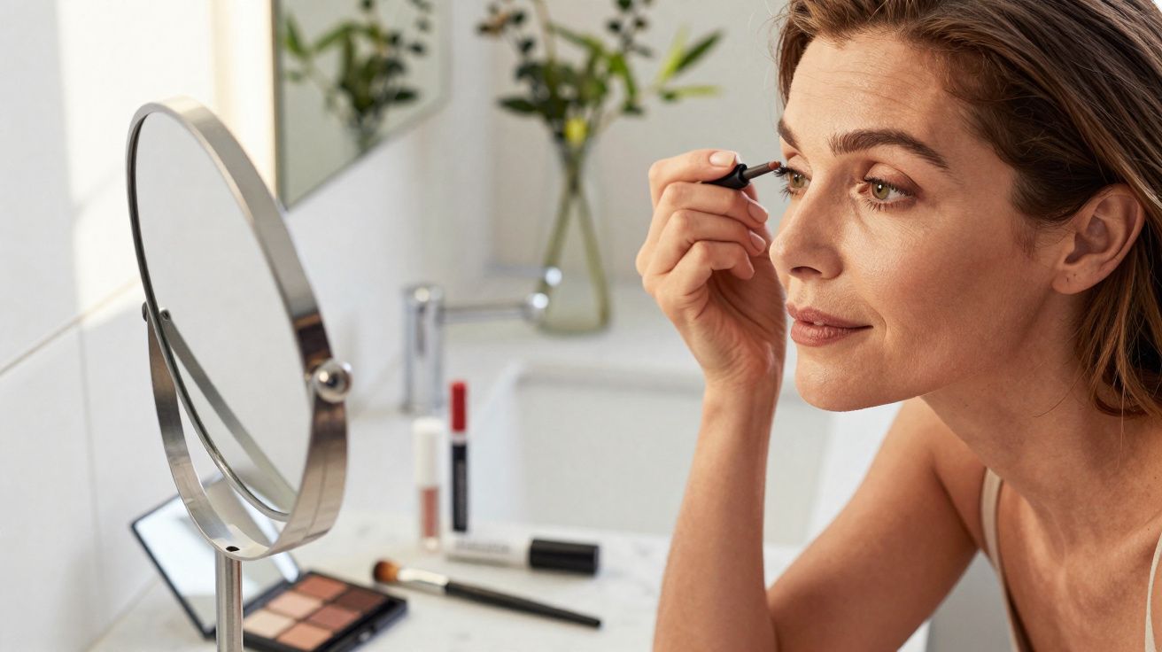 Mulher aplicando rímel no banheiro, olhando no espelho de bancada com maquiagem ao redor.