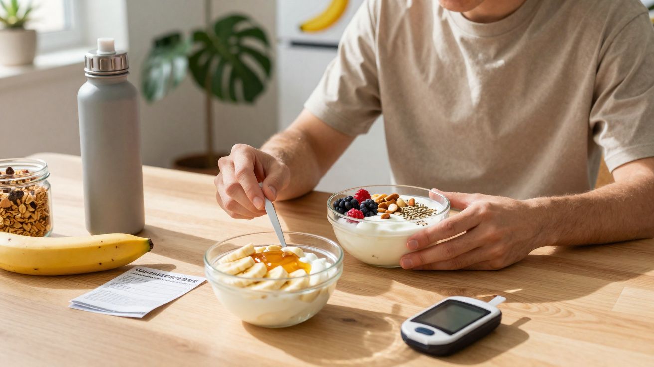 Pessoa comendo iogurte, frutas e castanhas na mesa ao lado de glicosímetro e banana.