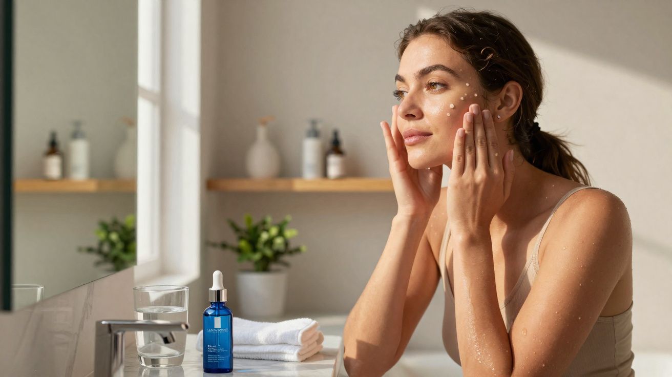 Mulher aplicando creme no rosto em banheiro iluminado com frascos e toalhas ao fundo.