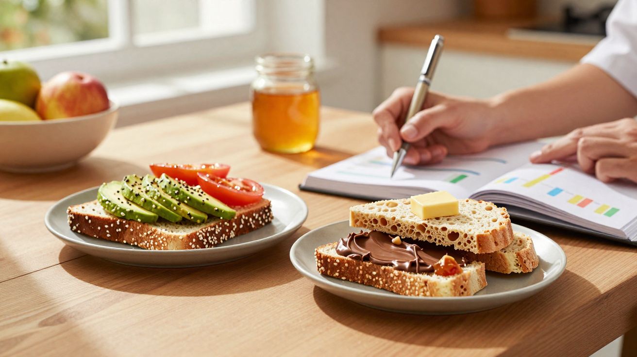 Mesa de madeira com sanduíches, um com abacate e tomate e outro com manteiga e creme de chocolate, jarra de mel e pessoa escr