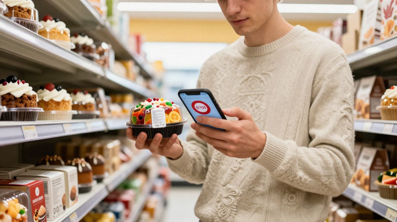 Homem em supermercado usando celular para escanear código de produto de sobremesa colorida.