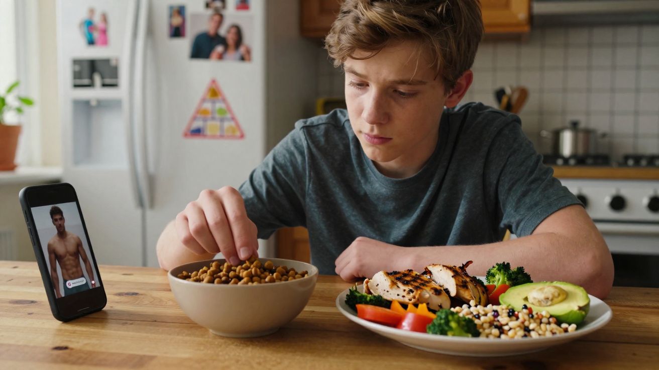 Jovem olhando para tigela de grão-de-bico com comida saudável e celular com imagem de homem musculoso.