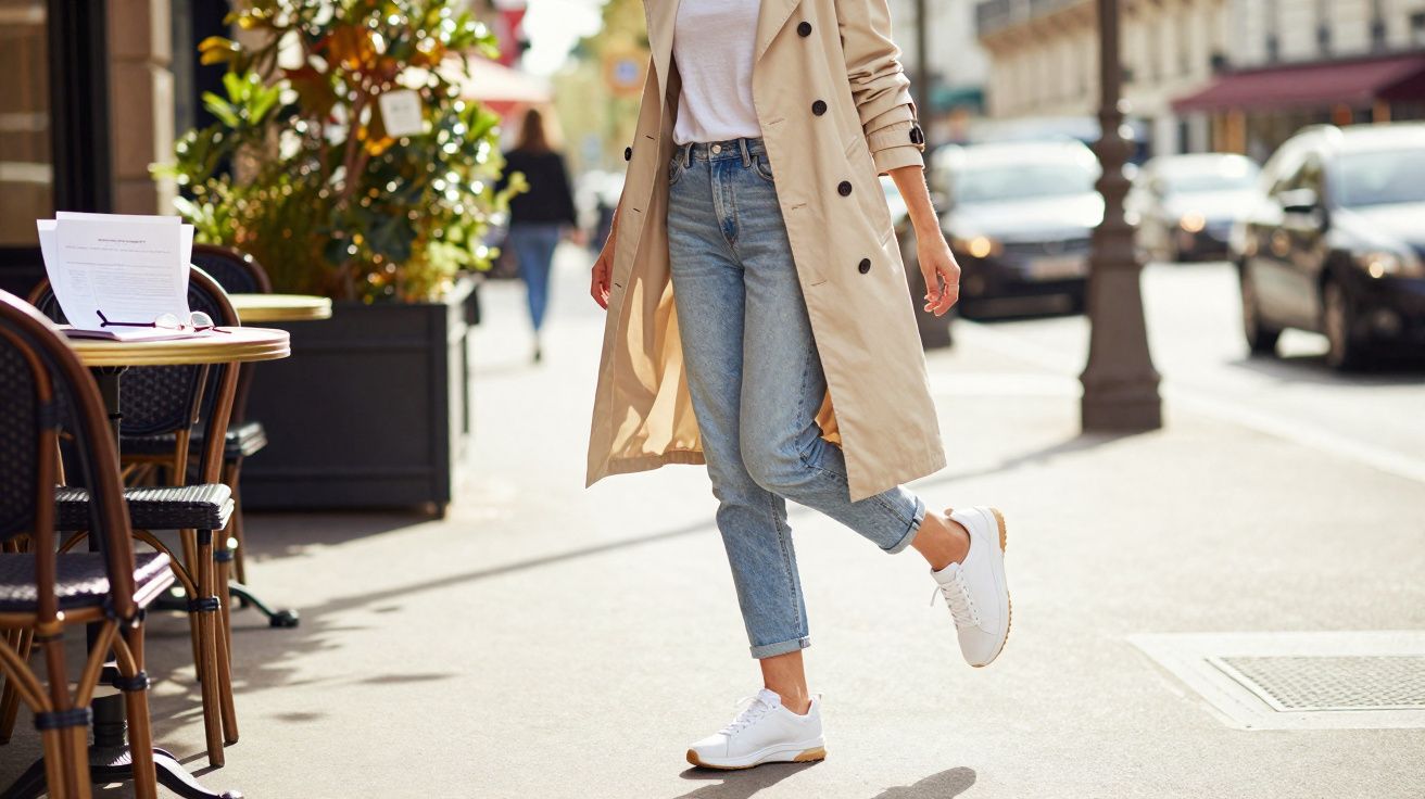 Pessoa usando trench coat bege, camiseta branca, jeans e tênis andando em calçada de rua urbana.