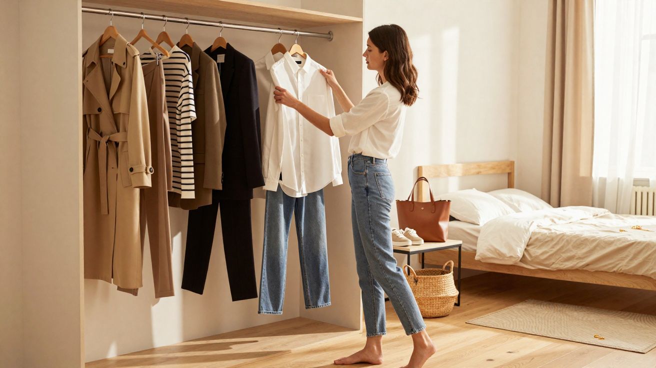 Mulher escolhendo roupa em arara com roupas neutras em quarto iluminado naturalmente.