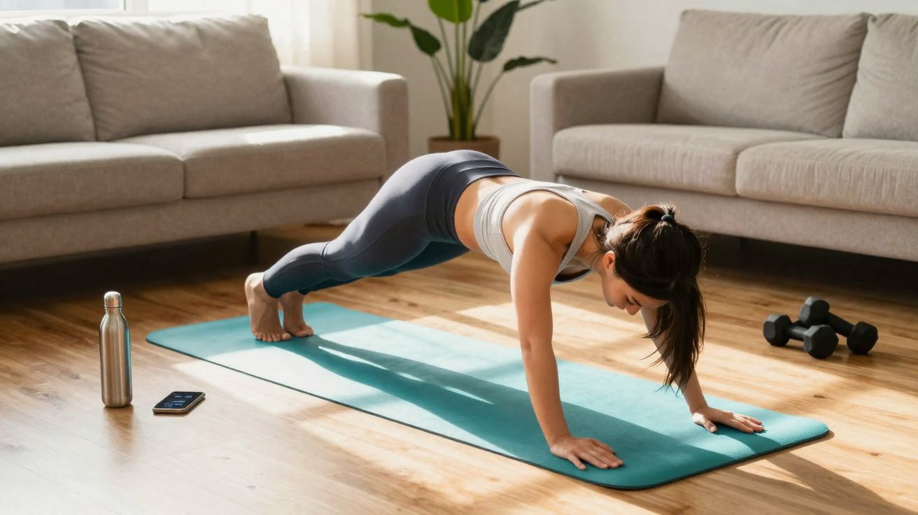 Mulher fazendo exercício de prancha com braços estendidos em tapete de yoga na sala de estar.
