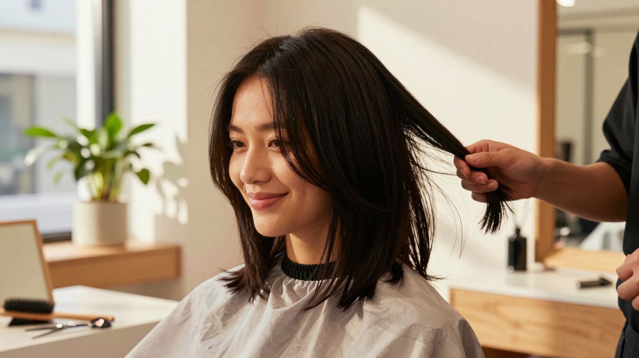 Mulher sorrindo sentada em salão de beleza enquanto cabeleireiro segura mecha do seu cabelo preto.