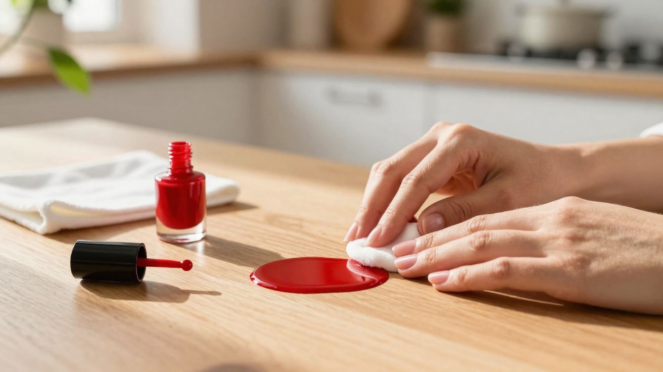 Mãos limpando esmalte vermelho derramado sobre mesa de madeira clara com removedor e pano ao fundo.