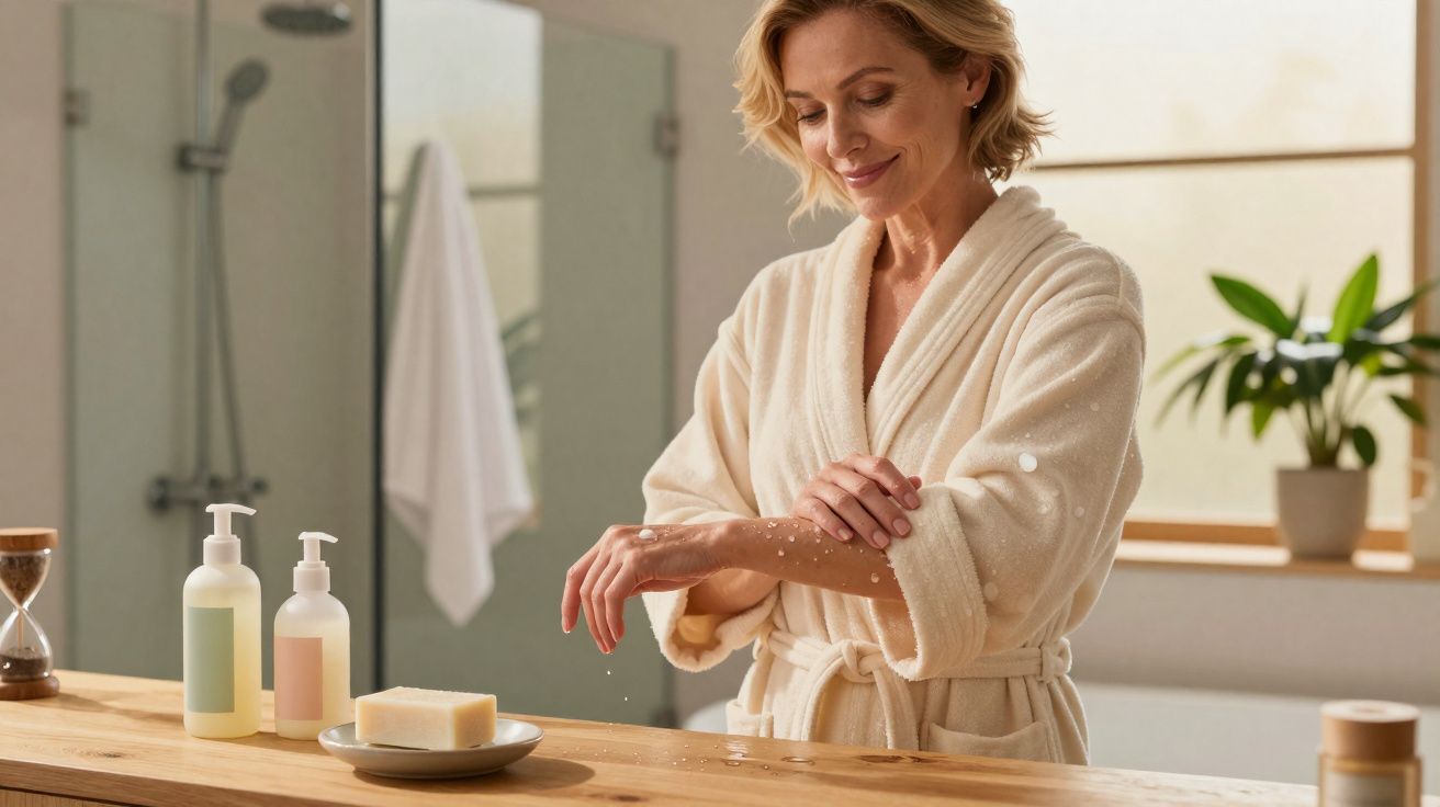 Mulher em roupão branco aplicando hidratante nos braços em banheiro iluminado e moderno.