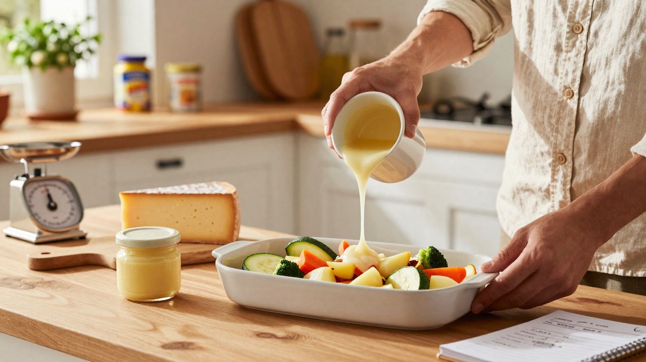 Pessoa derramando molho sobre legumes em tigela branca na cozinha clara com queijo e potes ao fundo.