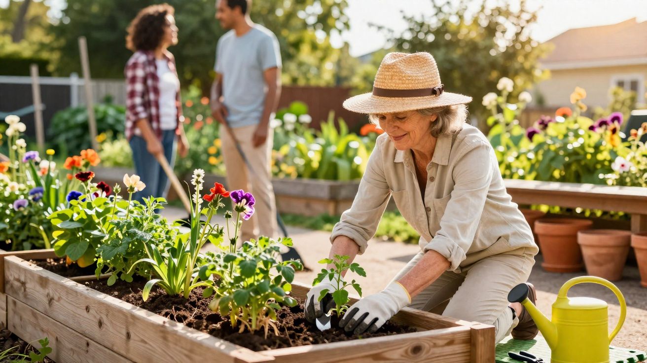 Mulher idosa plantando em canteiro elevado com chapéu de palha enquanto casal conversa ao fundo.