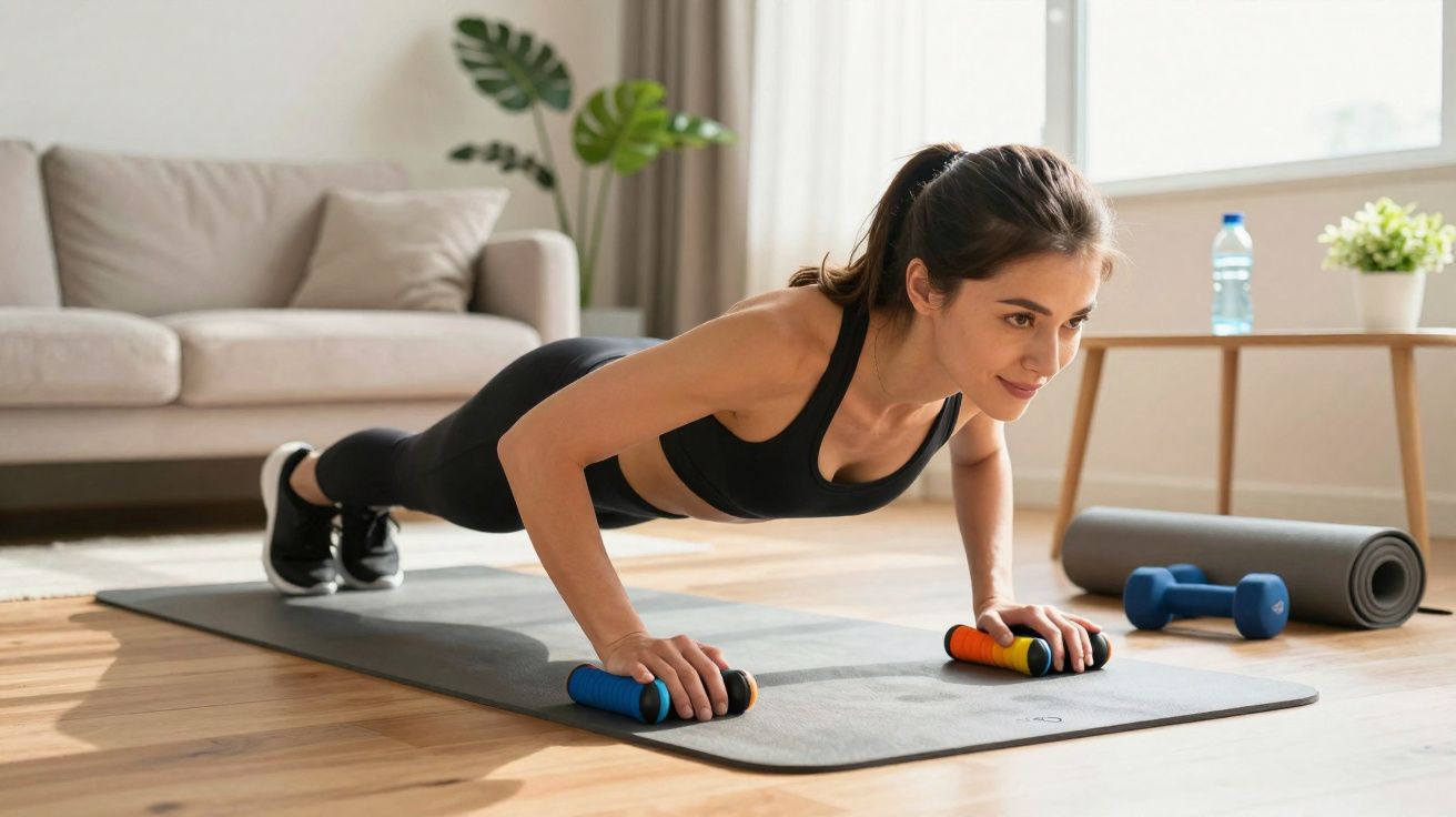Mulher fazendo flexão com apoio de halteres em tapete de exercícios na sala iluminada.