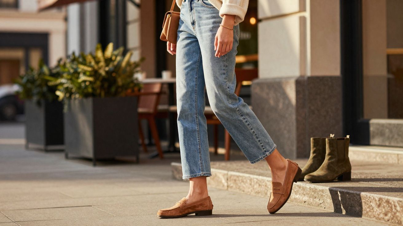 Pessoa vestindo calça jeans azul clara e mocassim marrom em calçada urbana com botas ao fundo.