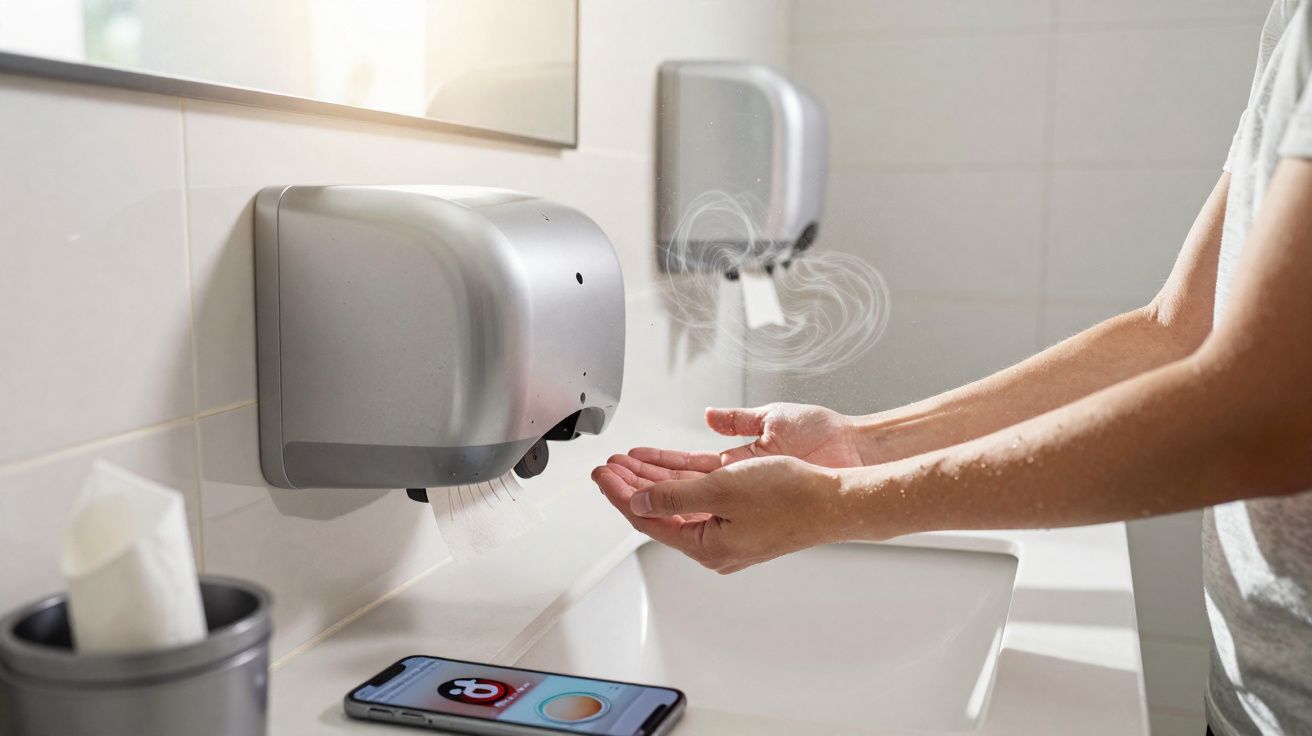 Pessoa usando secador de mãos automático em banheiro público após lavar as mãos.