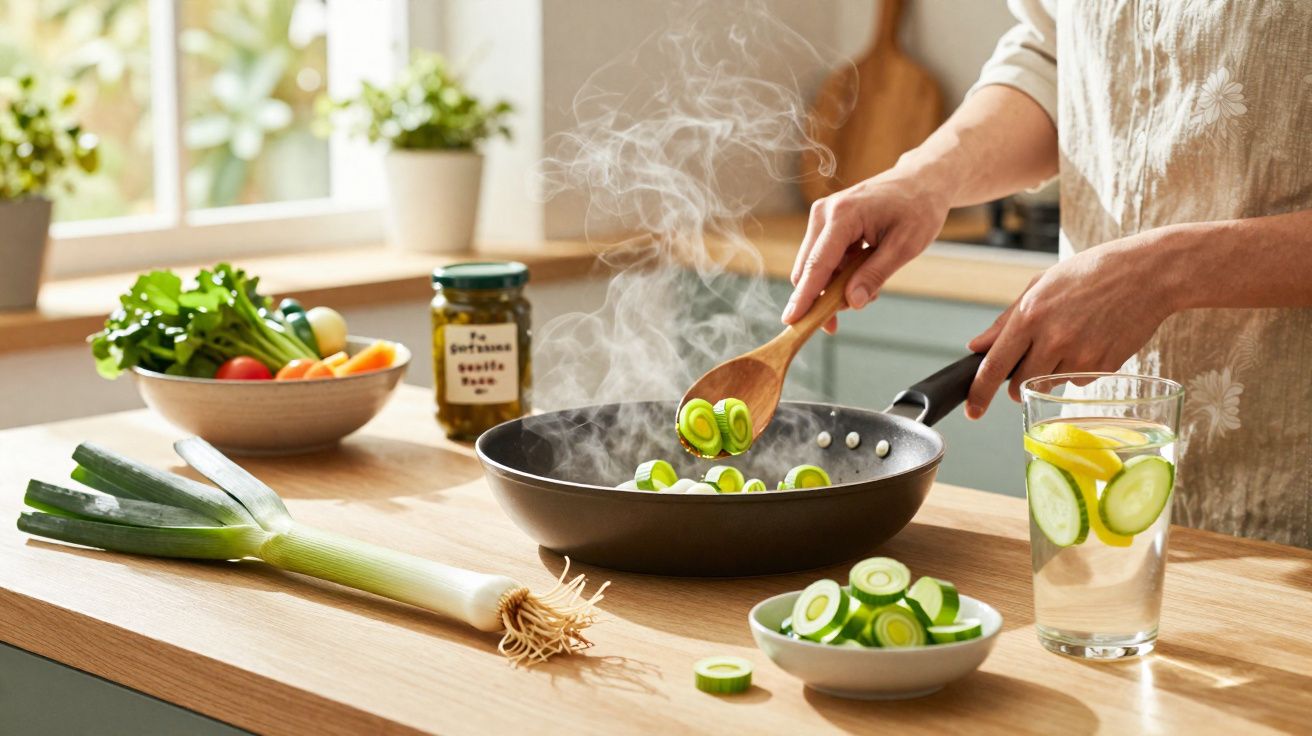 Pessoa cozinhando alho-poró fatiado em frigideira com vapor, ao lado de vegetais e copo de água com limão.