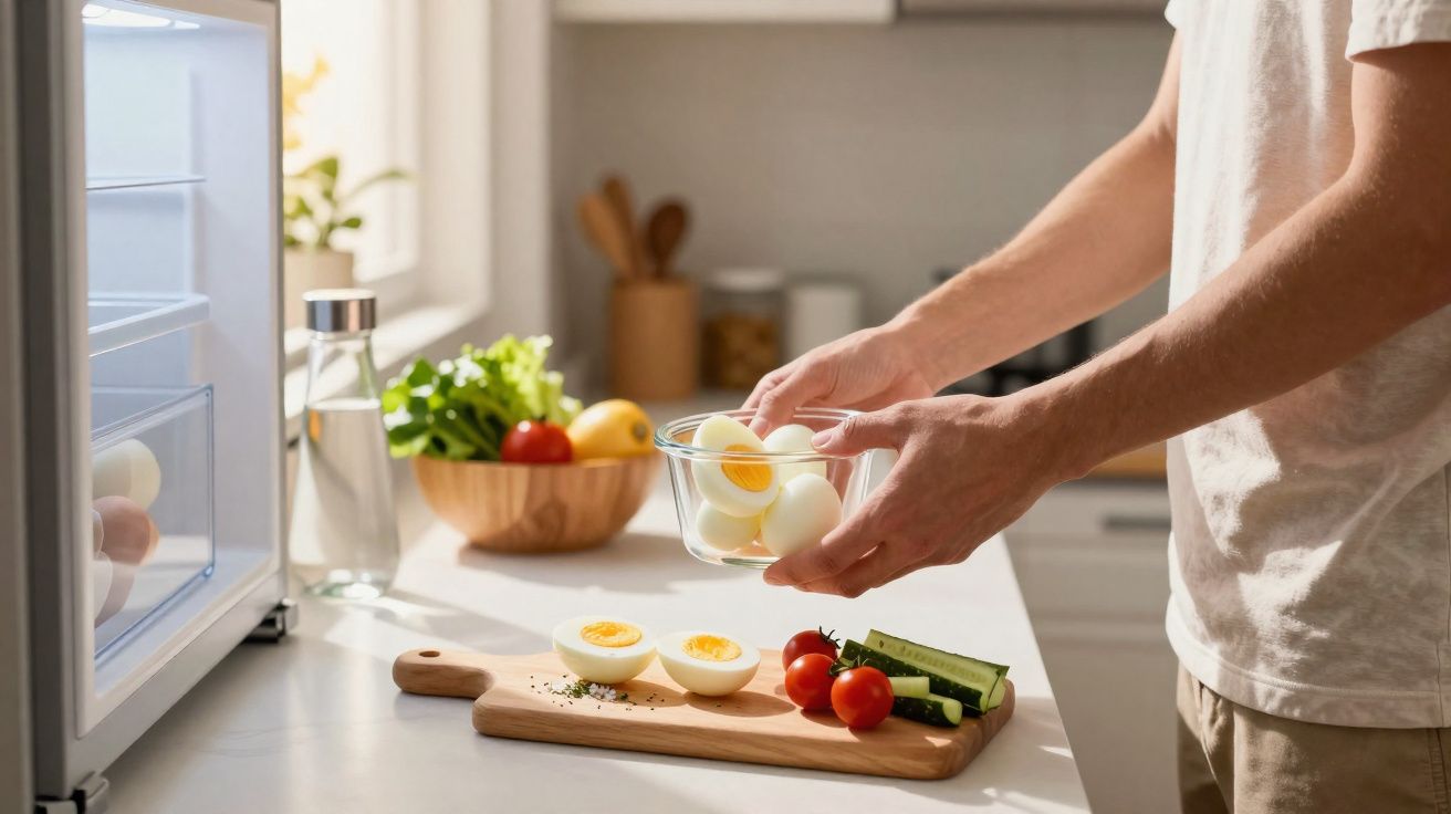 Pessoa segurando tigela com ovos cozidos na cozinha, com ovos cortados, tomate e pepino sobre a bancada.
