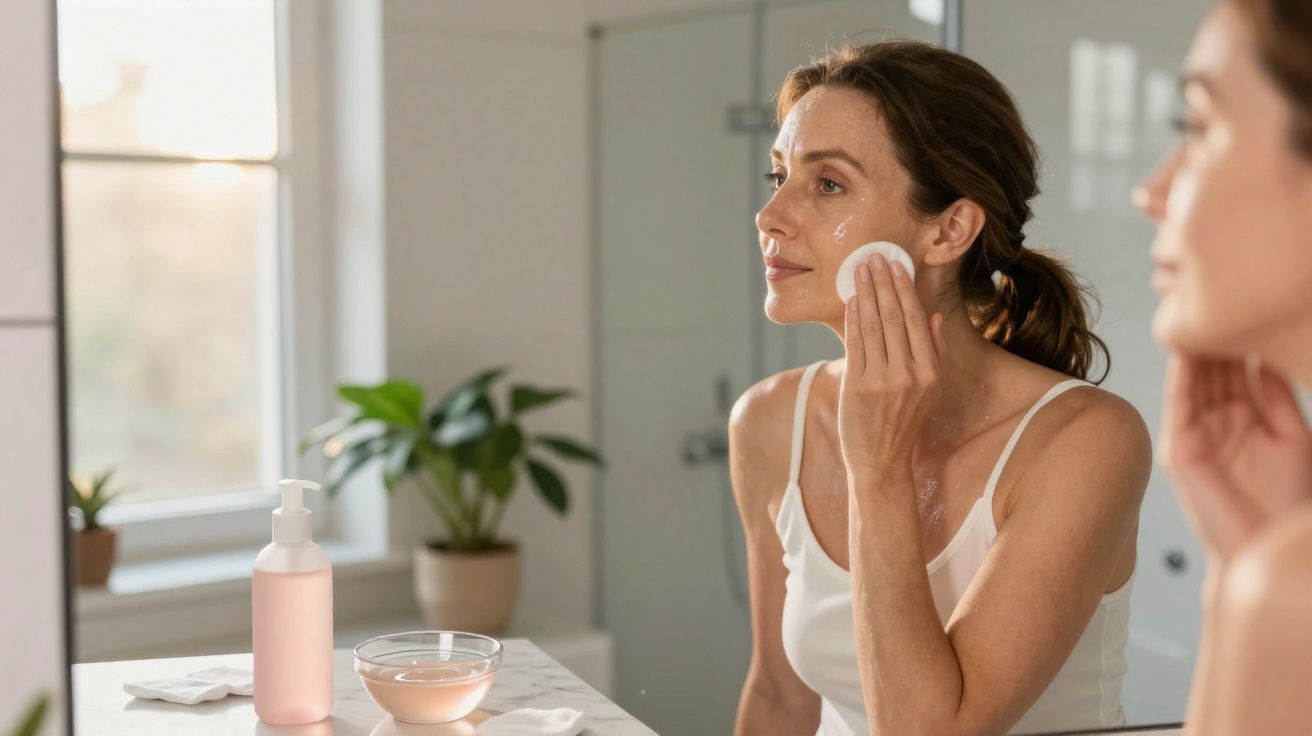 Mulher aplicando produto facial com algodão em frente ao espelho em ambiente iluminado e planta ao fundo.