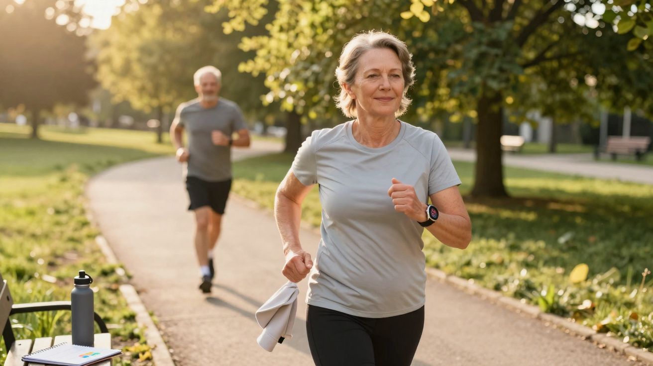 Casal de idosos correndo em um parque ensolarado com árvores e caminho de concreto.