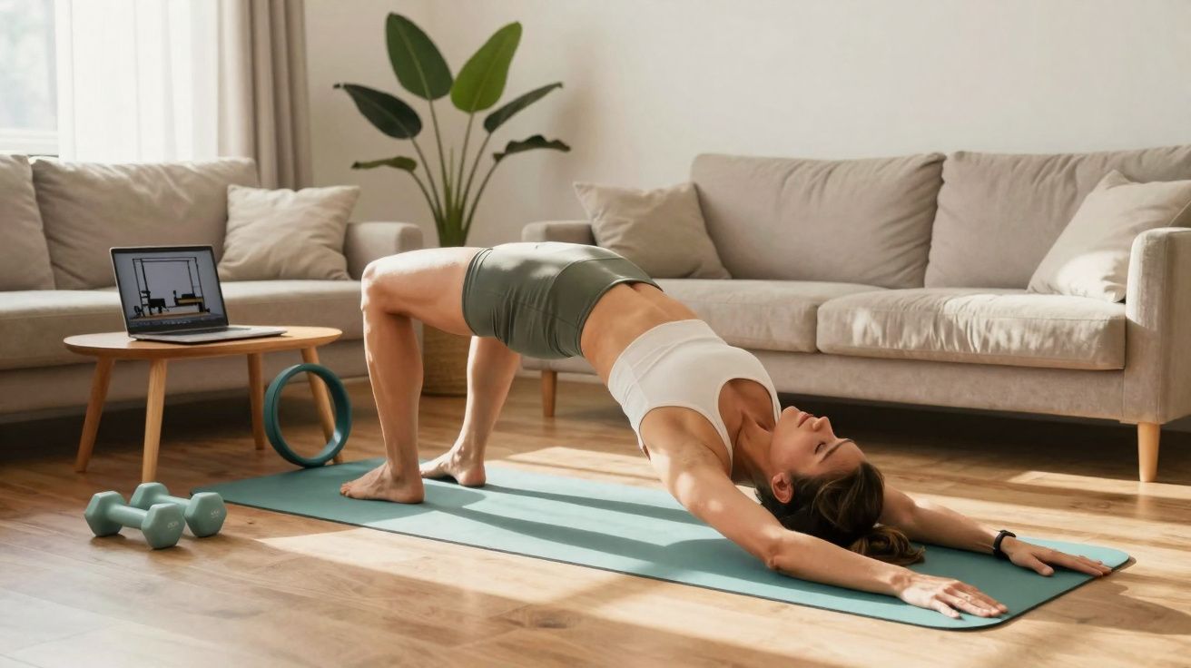 Mulher fazendo exercício de ponte sobre tapete de yoga em sala, com laptop e pesos ao redor.