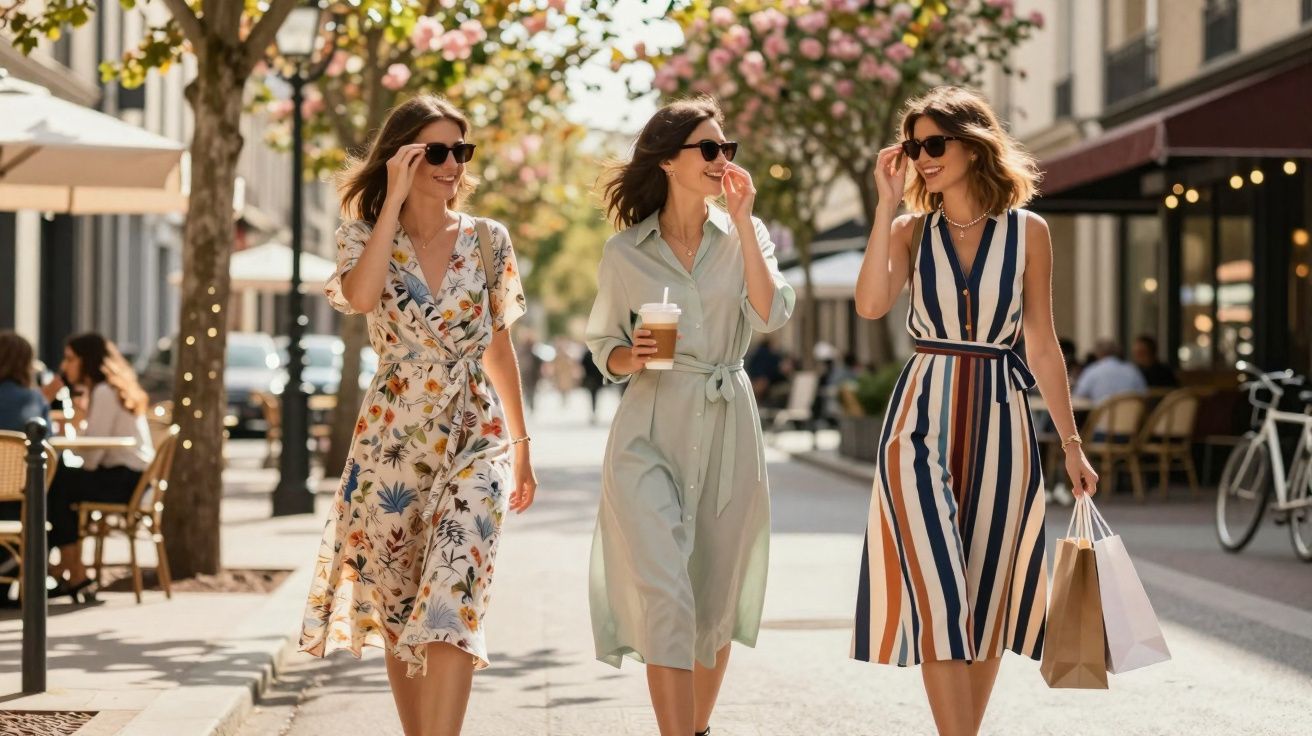 Três mulheres de vestido elegante e óculos escuros caminhando em rua com árvores e lojas ao fundo.