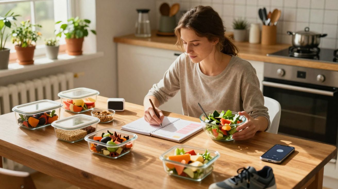 Mulher sentada à mesa preparando marmitas saudáveis e anotando em um caderno na cozinha.