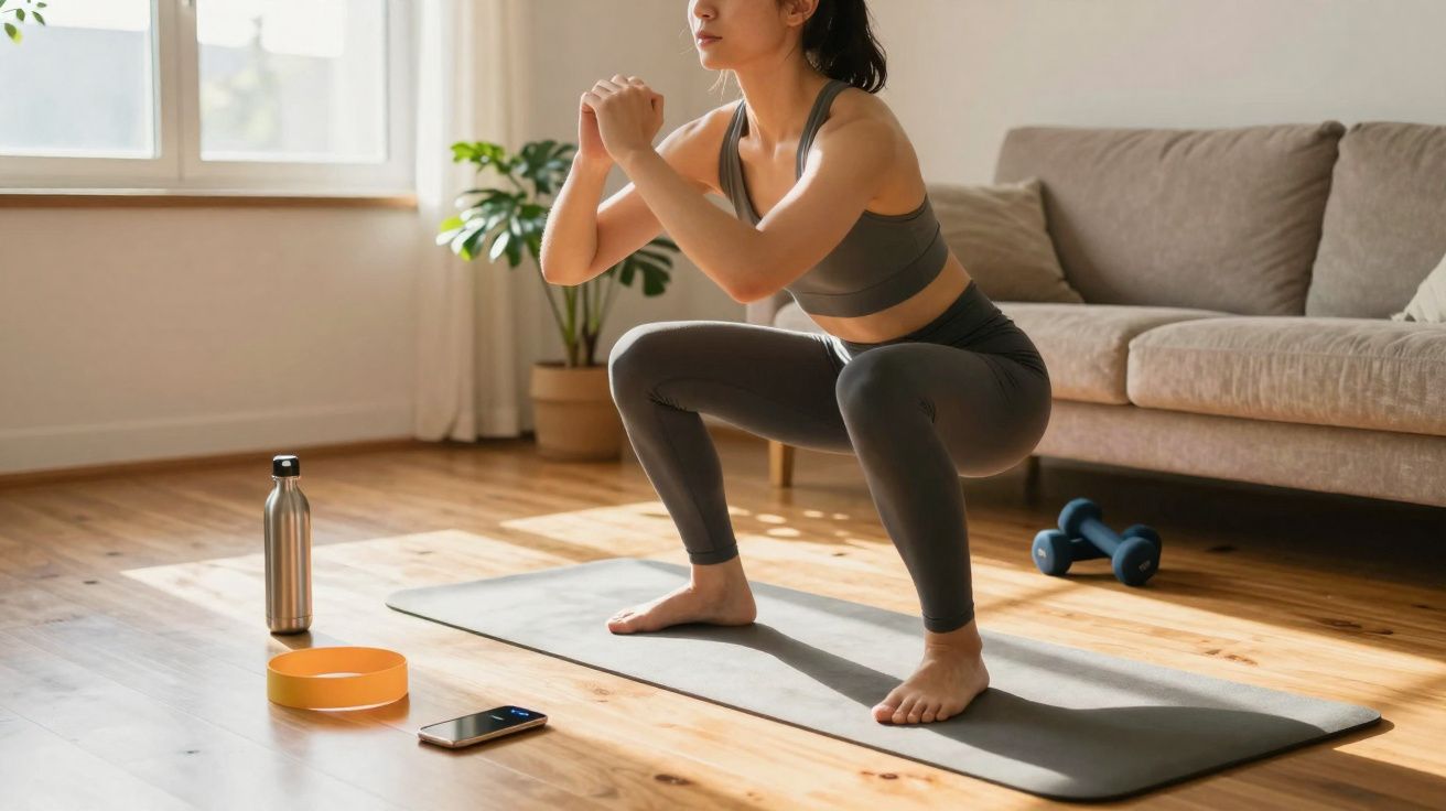 Mulher fazendo agachamento em tapete de yoga na sala, com halteres e garrafa ao lado.