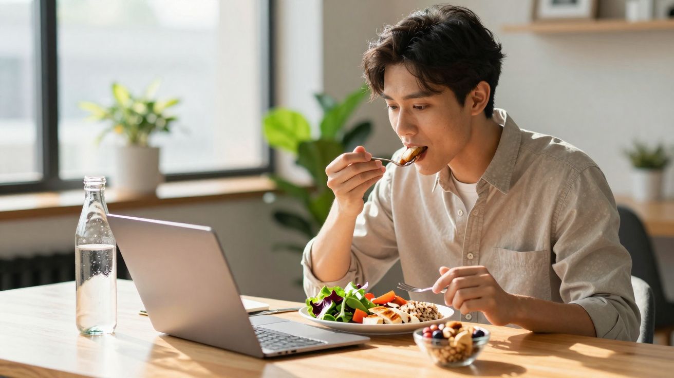 Homem jovem comendo enquanto usa laptop em mesa com garrafa de água e planta ao fundo.