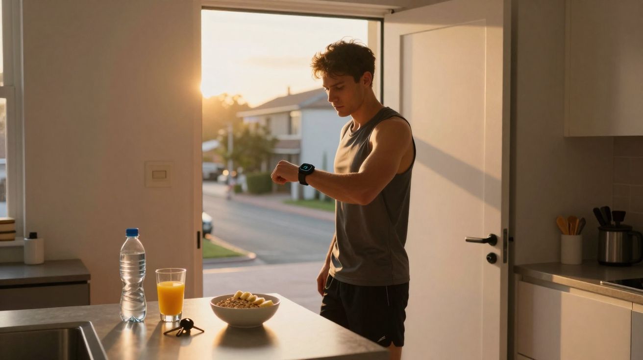 Homem em roupa de exercício checando relógio inteligente na cozinha com café da manhã pela manhã.
