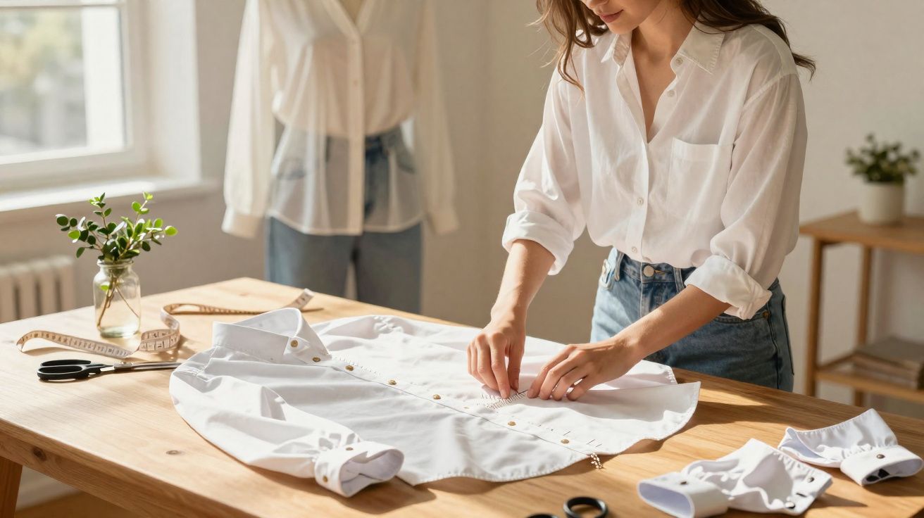Mulher ajustando camisa branca sobre mesa de madeira em ambiente iluminado e organizado.