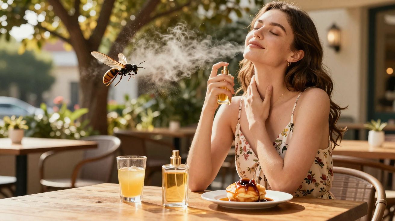 Mulher sentada ao ar livre aplicando perfume, enquanto uma abelha é surpreendida pelo spray.