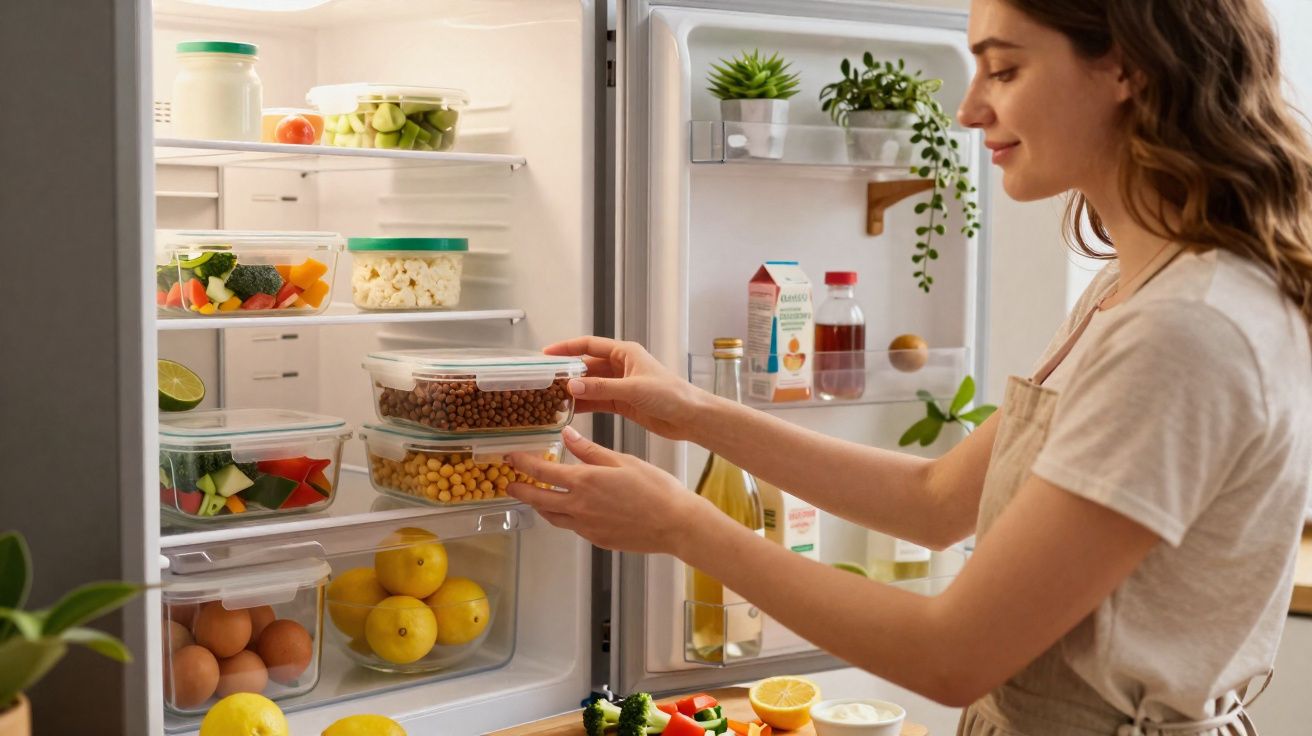 Mulher colocando potes plásticos com alimentos dentro da geladeira organizada e iluminada.