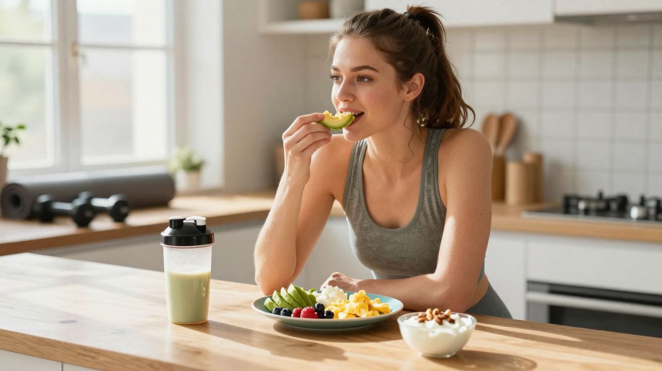 Mulher jovem em roupa esportiva comendo abacate na cozinha durante café da manhã saudável.